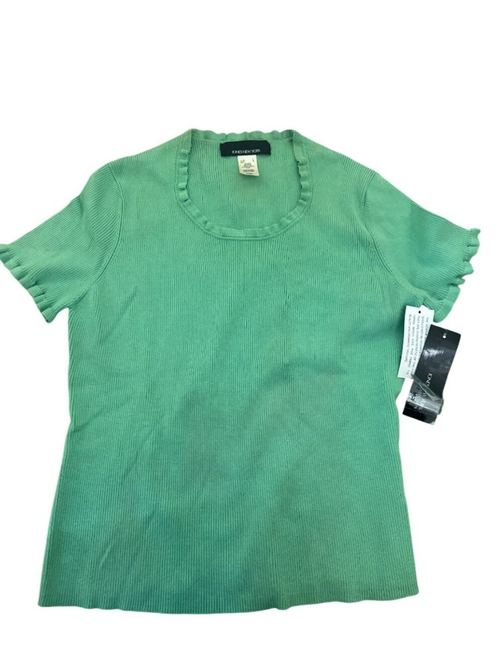 Jones New York Top Shirt L Green Ribbed Short Sleeve Silk Blend Ruffle Sleeve